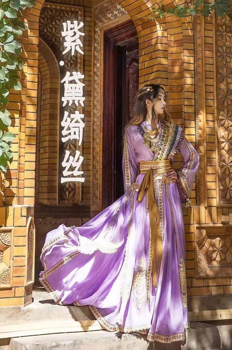New Ancient Princess Dai Qisi Heavy Industry Clothing Embroidery Purple White Loulan Clothing Exotic Travel Photography middle - AuraKin