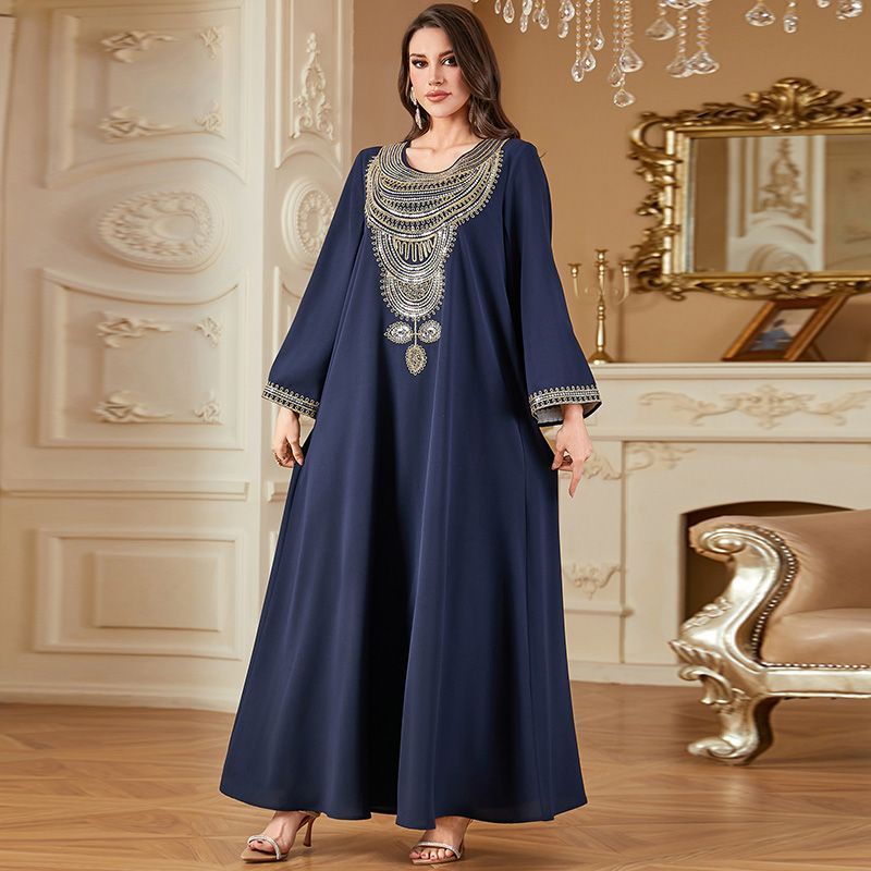 Turkey Dubai Travel Embroidery Long Sleeve Dress Crew Neck Navy Blue Summer Women's Arabian Fashion Robe middle - AuraKin