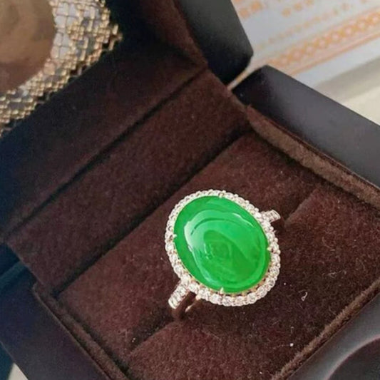 Myanmar natural a product high-end jadeite jade ring face yang green glass 18K women's gold inlaid with ice naked stone
