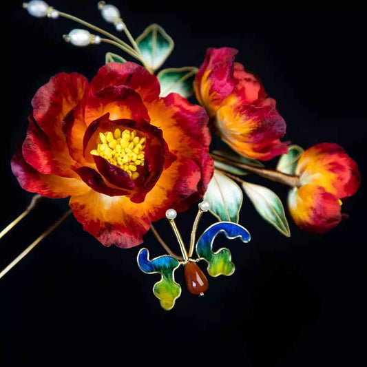 Edelweiss peach lady  red peony hairpin, intangible cultural heritage handmade new Chinese hanfu horse dress bridal hair accessories