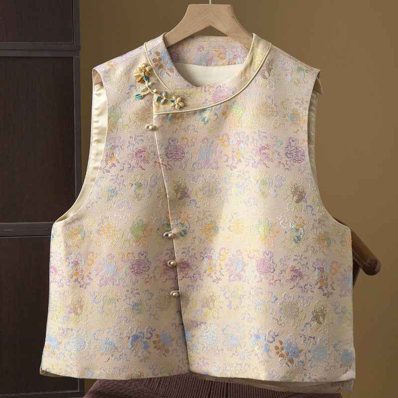 Silk Song Jin Jacquard Vest Women's 100% Mulberry Silk Weaving Gold National Style New Chinese Vest Jacket Cardigan Spring
