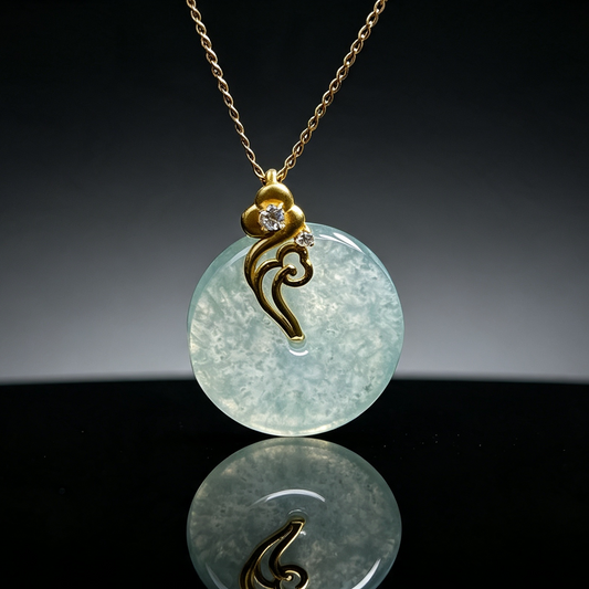 Ice-type jade Ping An Kou with snowflake inclusions  18K gold with auspicious cloud design, symbolizing peace and smooth life