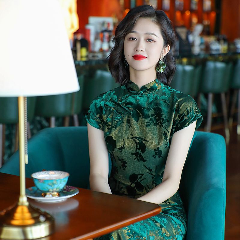 Emperor green elegant temperament cheongsam new retro Chinese style daily improvement mother dress 24287