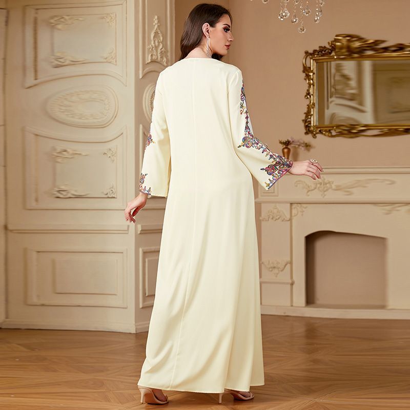 Malaysian women's rope embroidery loose fashion Dubai style long dress summer apricot V-neck long-sleeved robe middle - AuraKin
