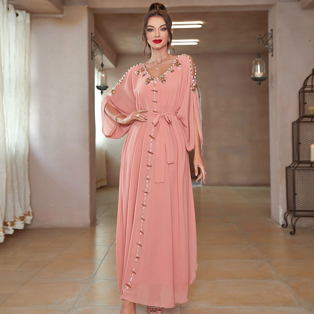 Saudi Arabia women's off-the-shoulder dress Dubai noble V-neck robe exquisite hand-sewn diamond Xinjiang dress middle - AuraKin