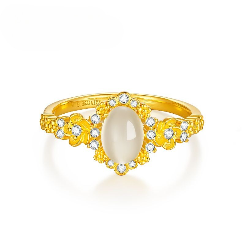 Aurakin Jewelry Full Gold Moonlight Flower Ring Inlaid Cat's Eye Gem Gift for Girlfriend Valentine's Day Qixi Festival - AuraKin