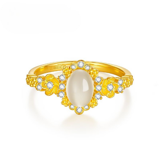 Aurakin Jewelry Full Gold Moonlight Flower Ring Inlaid Cat's Eye Gem Gift for Girlfriend Valentine's Day Qixi Festival - AuraKin