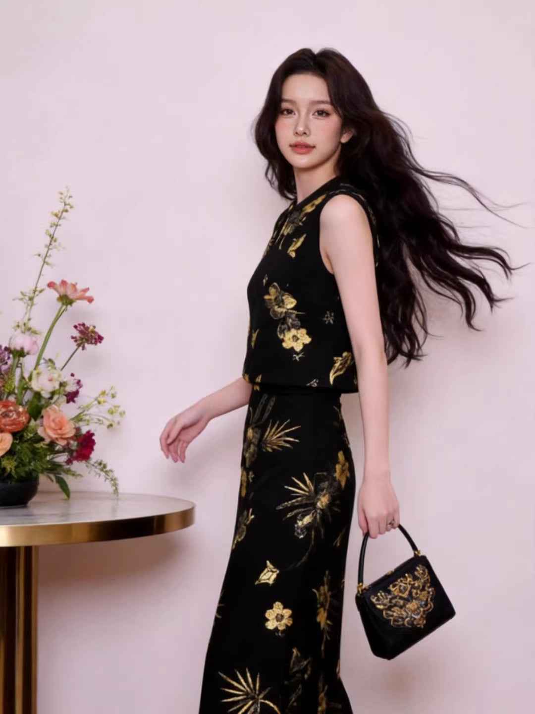 Quality description a complete set of new Chinese style ootd wear with bronzing printing improved vest & skirt two-piece set