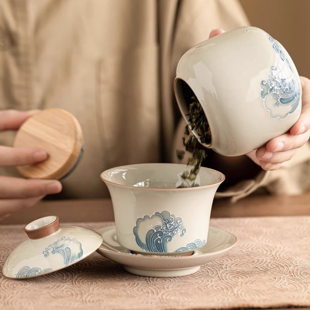Extremely plain stacked carved wave tea can Small portable tea storage tank Moisture-proof sealed jar Hand-painted ceramic tea can - AuraKin