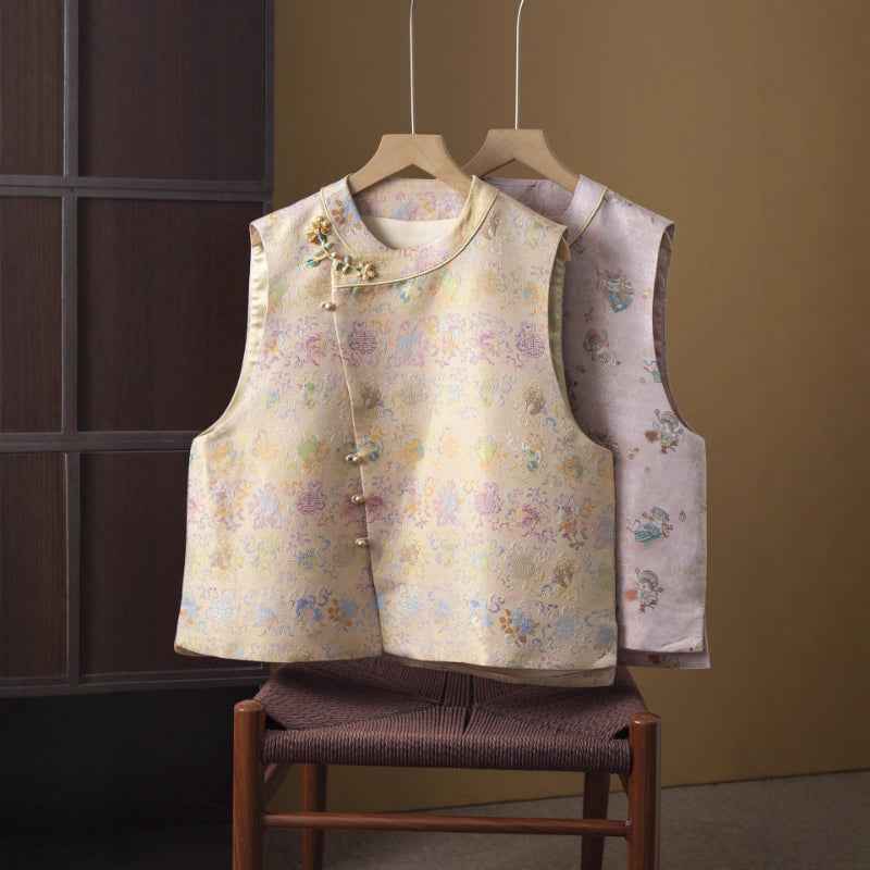 Silk Song Jin Jacquard Vest Women's 100% Mulberry Silk Weaving Gold National Style New Chinese Vest Jacket Cardigan Spring