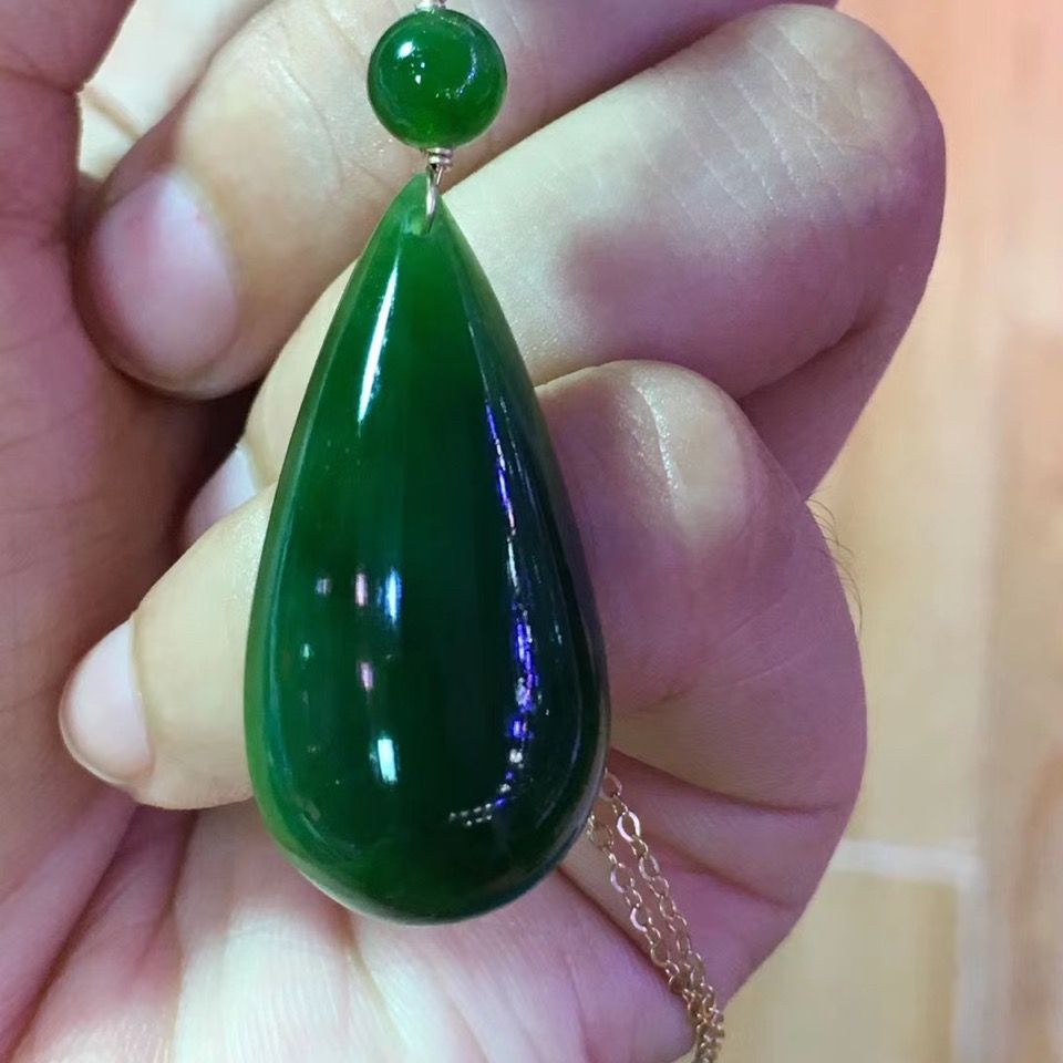 Natural Hetian jade jasper water drop pendant necklace rose gold spinach green egg surface necklace neck jewelry bag gift - AuraKin