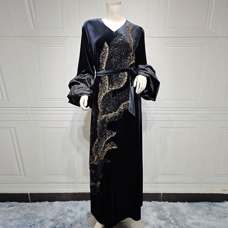 Autumn and winter bubble sleeves elegant style Arab dress golden velvet noble three-dimensional bead embroidered Dubai robe middle - AuraKin