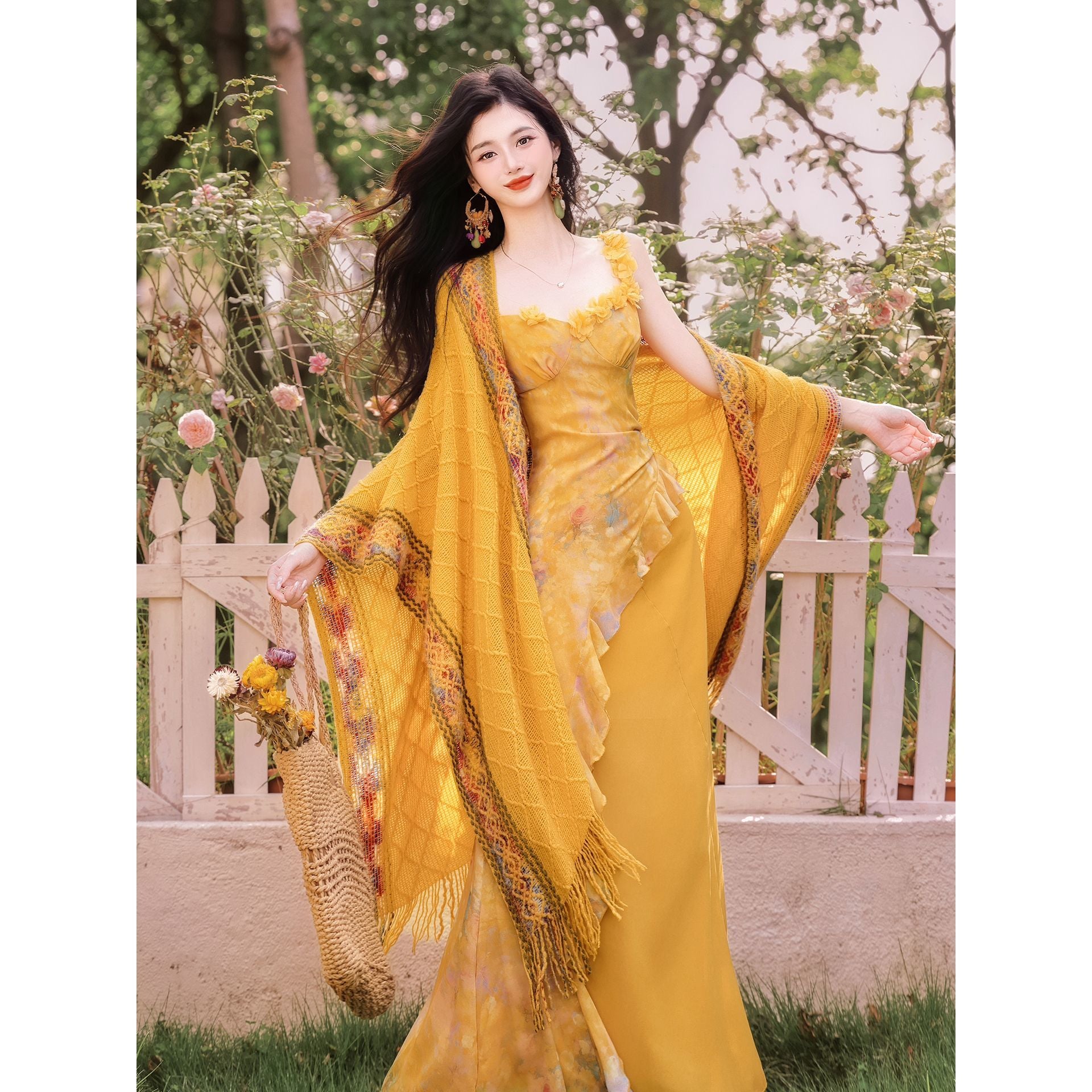 Sicilian Lemon Vacation Yarn Yellow Dress Set Fairy Long Skirt + Shawl Temperament Celebrity Lady middle - AuraKin