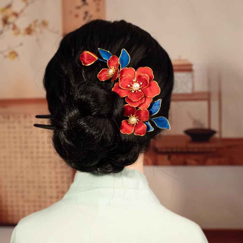 High-end national style intangible cultural heritage fluff pure handmade hairpin headdress accessories hairpin retro bride red