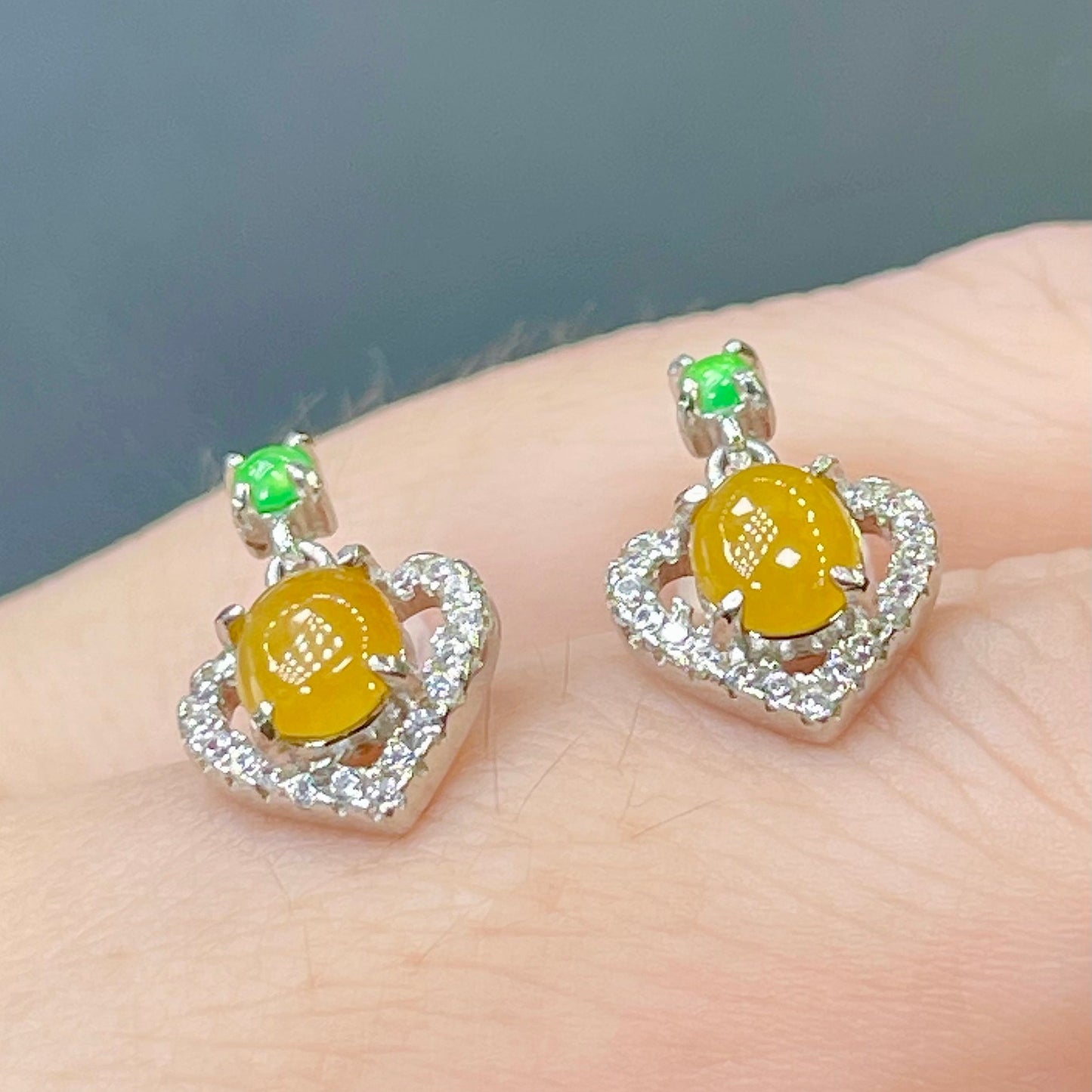 Honey Nature Yellow Jade Heart Earrings, Diamond Hollow Frame with Vivid Green Jade Accent