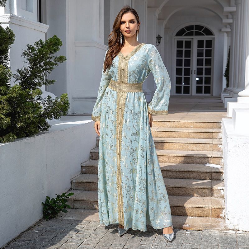 Middle East Dubai dress V-neck bottom grab flower bronzing ethnic style women's clothing thin loose Egyptian women's robe - AuraKin