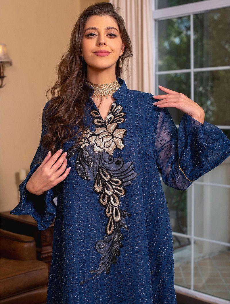Saudi Arabian ethnic style embroidered robe sequined elegant Dubai style women's clothing to ankle Indian traditional dress - AuraKin