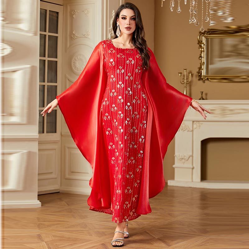 Dubai style banquet red dress dress fat girl bat sleeve long dress Xinjiang heavy industry embroidered robe middle - AuraKin
