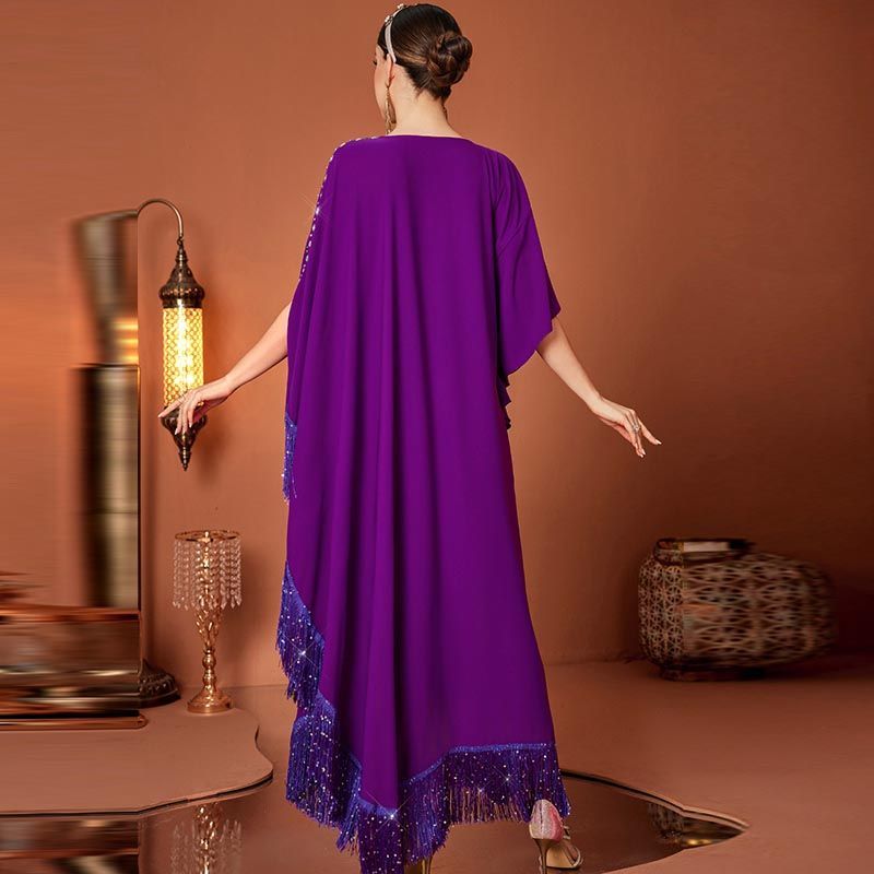 Dubai style women's luxury sequined fringed dress V-neck bat sleeve elegant dress Xinjiang irregular robe middle - AuraKin