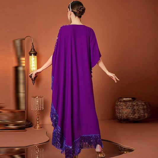 Dubai style women's luxury sequined fringed dress V-neck bat sleeve elegant dress Xinjiang irregular robe middle - AuraKin
