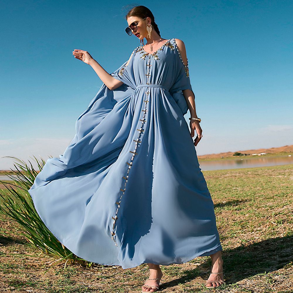 Saudi Arabia women's off-the-shoulder dress Dubai noble V-neck robe exquisite hand-sewn diamond Xinjiang dress middle - AuraKin