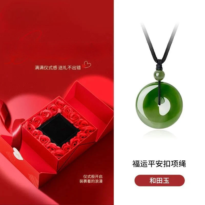 Aurakin Jewelry Hetian Jasper green Necklace for Men and Women with Lucky Safety Buckle Pendant - Perfect Valentine's Day Gift - AuraKin