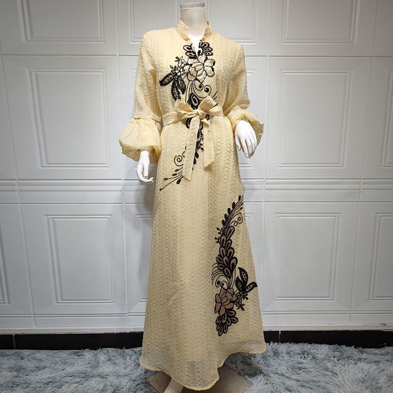 Saudi Arabian ethnic style embroidered robe sequined elegant Dubai style women's clothing to ankle Indian traditional dress - AuraKin