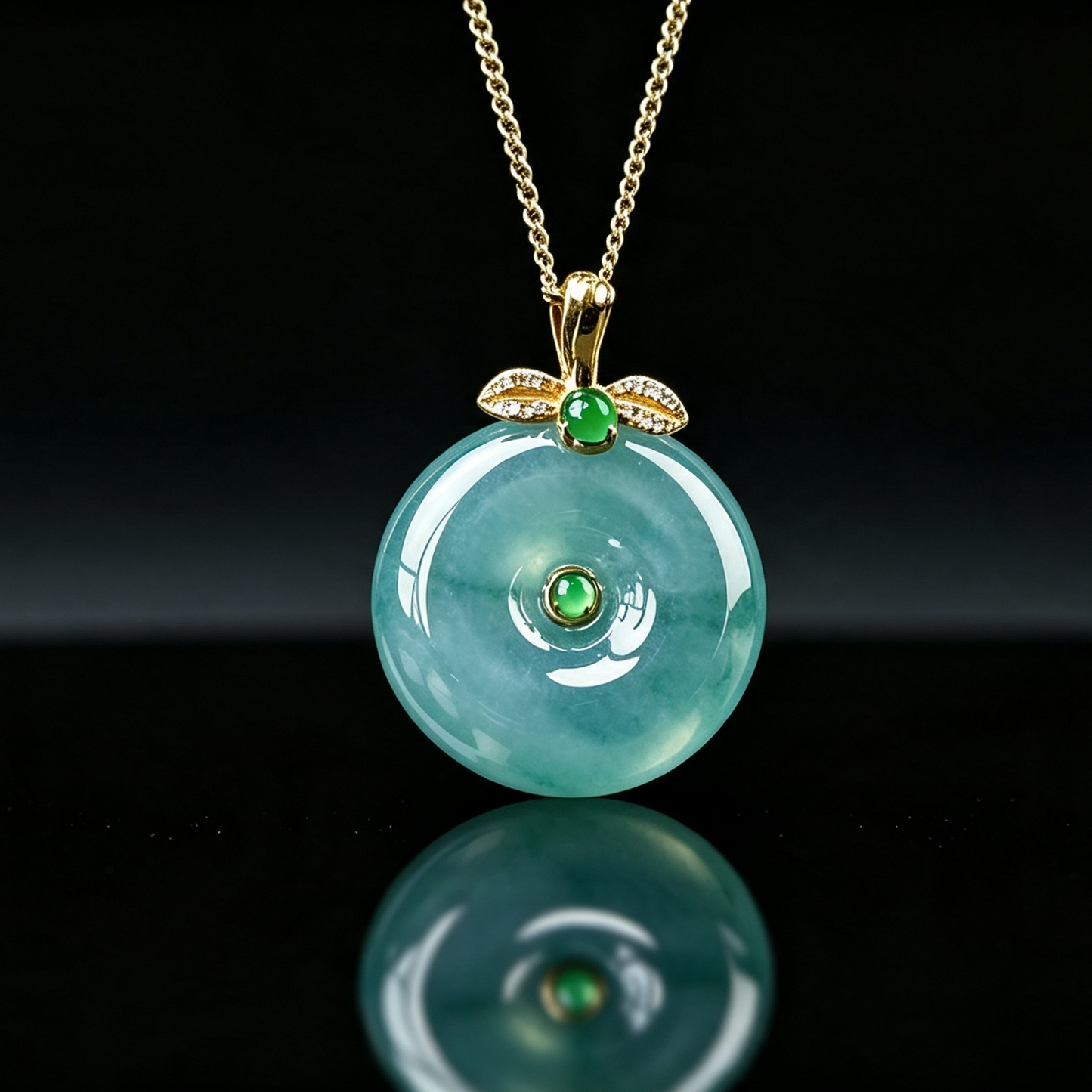 Lake Blue Ping An Kou ,18K Gold with Green Jade Inlay,Safety Buckle Peace & Perfection