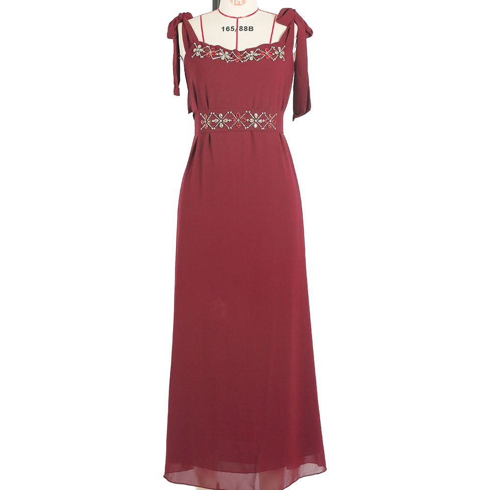 New celebrity banquet dress one-word collar dress summer women's Dubai dress burgundy hand-sewn diamond robe - AuraKin