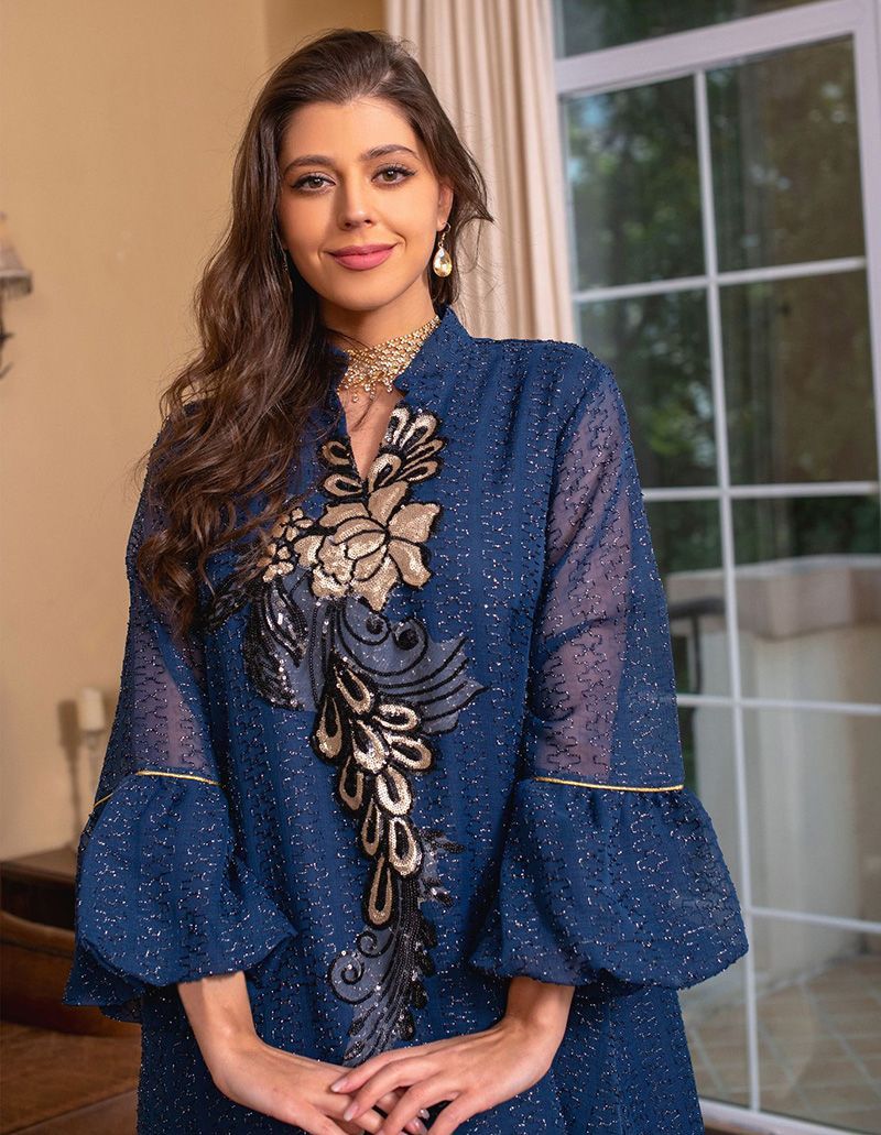 Saudi Arabian ethnic style embroidered robe sequined elegant Dubai style women's clothing to ankle Indian traditional dress - AuraKin