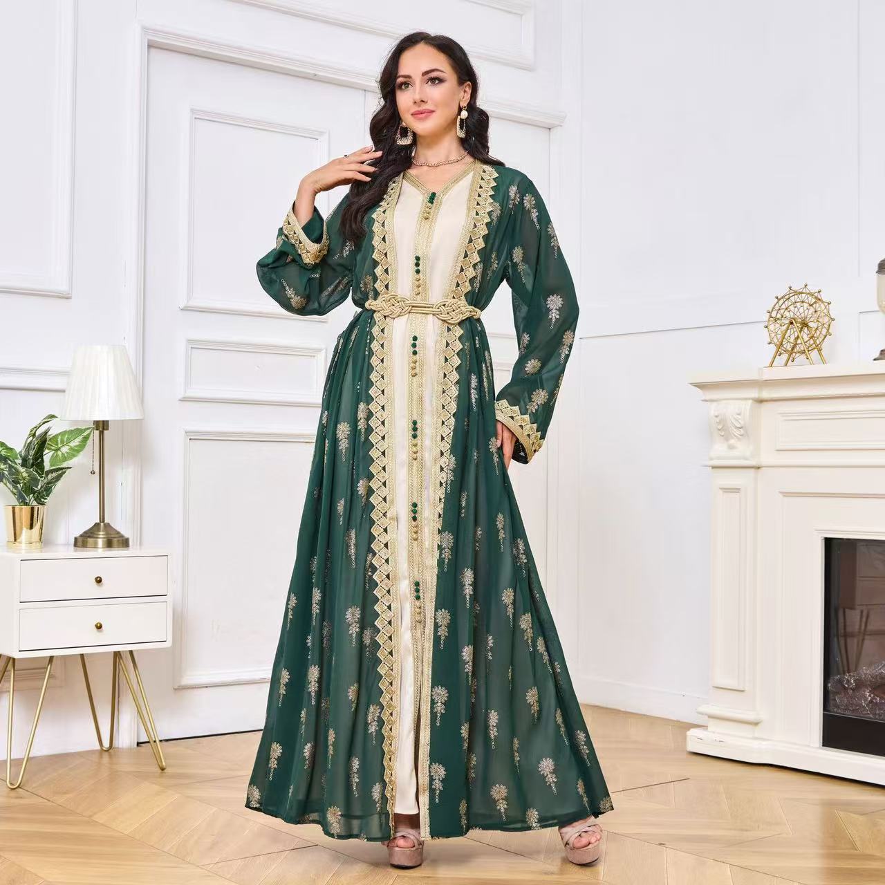 Large Size Women's Robe Embroidered Cardigan Dubai Middle East Two-piece Dress V-Neck European and American Long Sleeve Bohemia - AuraKin