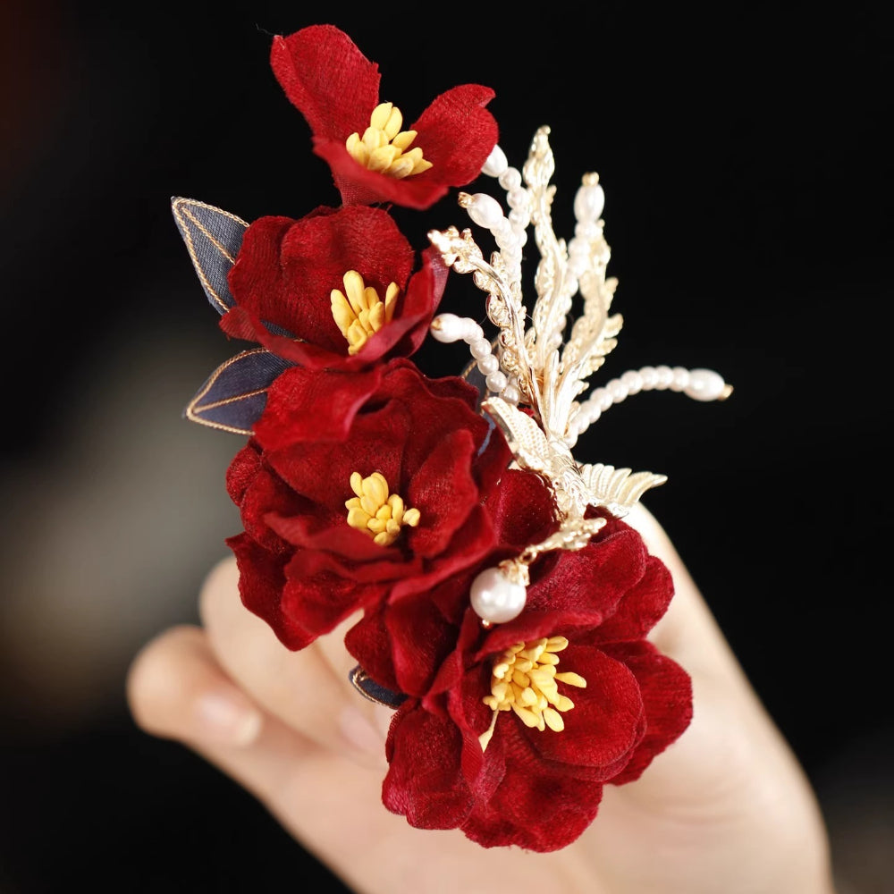 Phoenix wears peony, antique red cloth velvet hairpin flow bridal headgear Hanfu side clip atmospheric hairpin Chinese style - AuraKin