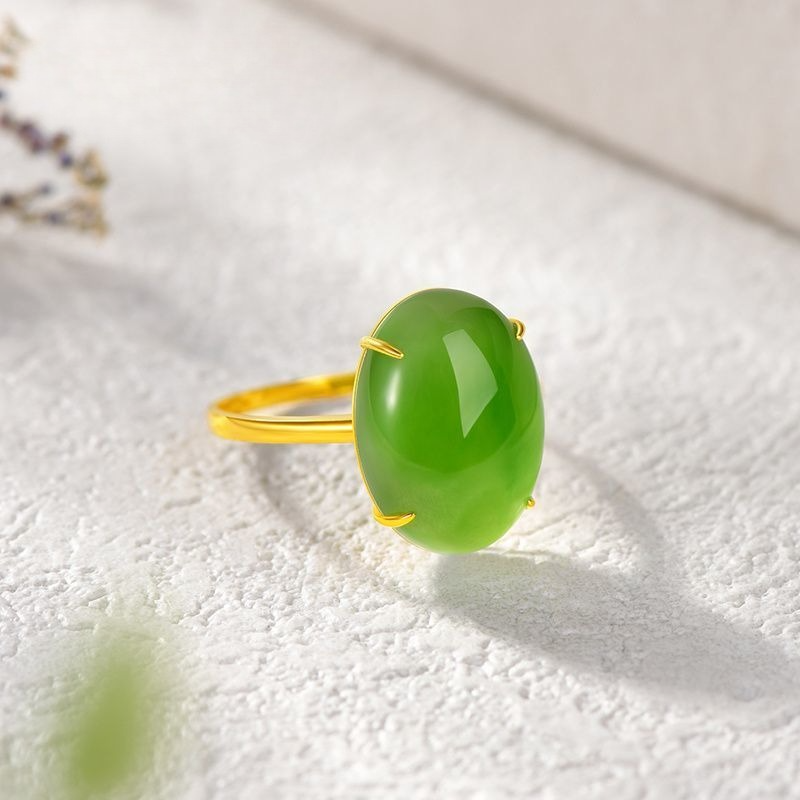 Aurakin Gold Jasper Wanqing Hetian Jade Inlaid 18K Gold Ring Simple to Wear Free Brand Gift Box #20719 - AuraKin