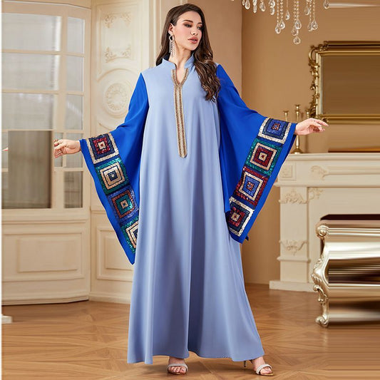 Saudi Arabia plus size robe V-neck apricot bat sleeve dress 100kg fat woman Dubai contrasting color dress middle - AuraKin