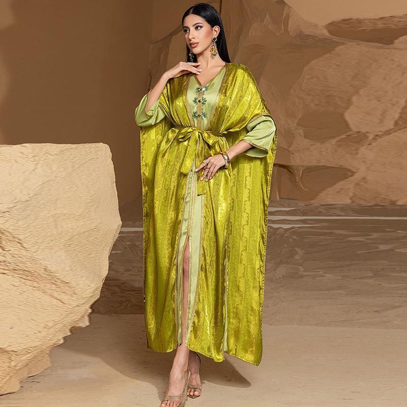 2025 Dubai Style Party Dress Heavy Industry Weaving Gold V-Neck Two-piece Dress South East Asia Women's Sewn Diamond Robe - AuraKin