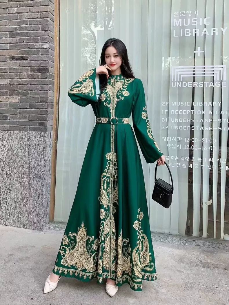 European and American court retro style lantern sleeves single-breasted shirt skirt women's autumn color matching printing big pendulum long dress - AuraKin