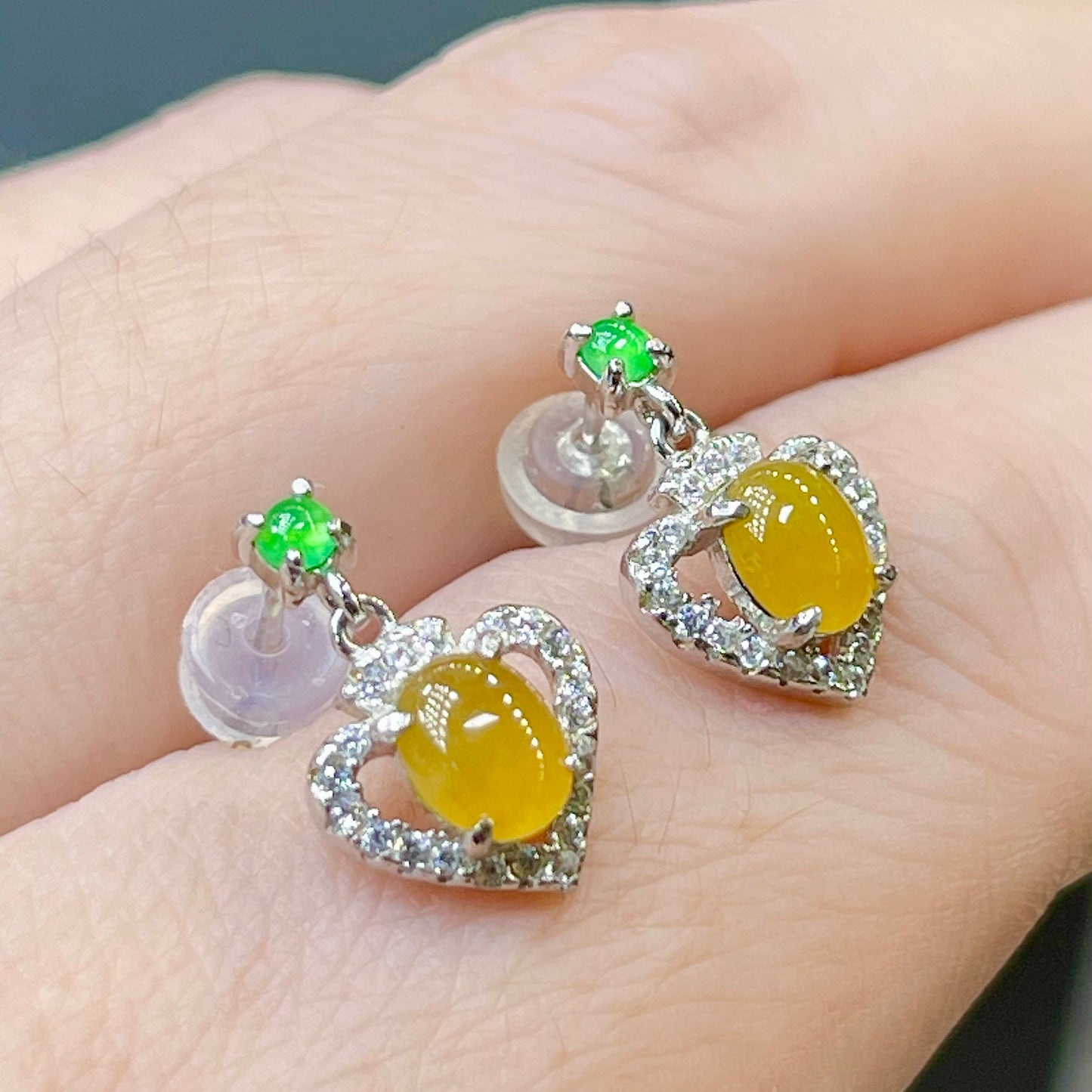 Honey Nature Yellow Jade Heart Earrings, Diamond Hollow Frame with Vivid Green Jade Accent