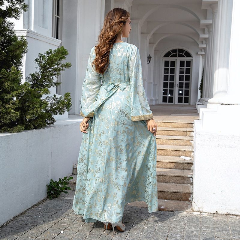 Middle East Dubai dress V-neck bottom grab flower bronzing ethnic style women's clothing thin loose Egyptian women's robe - AuraKin