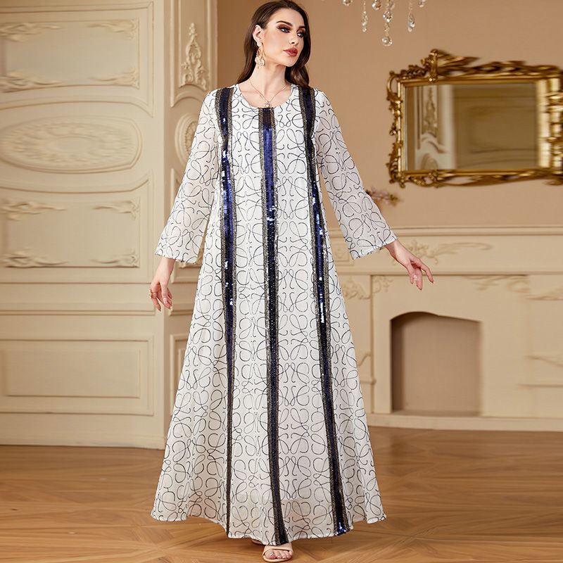Carl and Dubai bead embroidered long dress crew neck conservative women's clothing Malay Indian fashion robe middle - AuraKin