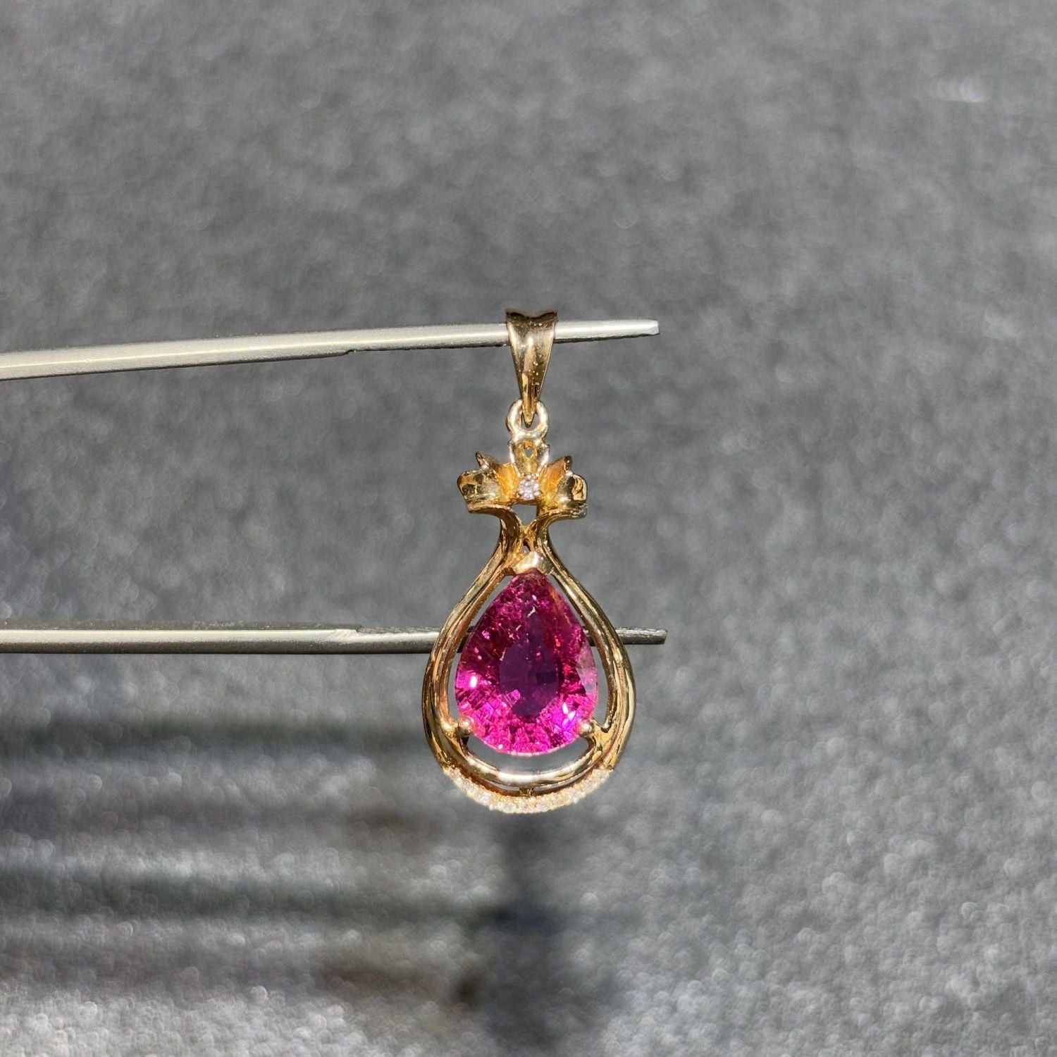 18k Gold Red Tourmaline Necklace with Water Drop Pink Rubilai and Diamond Magnolia Flower Pendant 7*10mm Custom - AuraKin