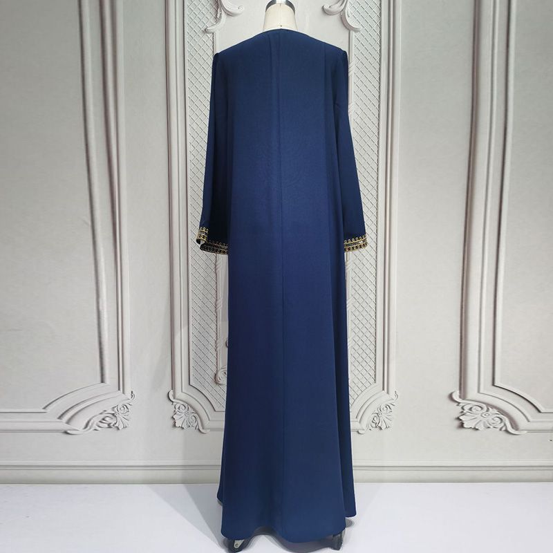 Turkey Dubai Travel Embroidery Long Sleeve Dress Crew Neck Navy Blue Summer Women's Arabian Fashion Robe middle - AuraKin