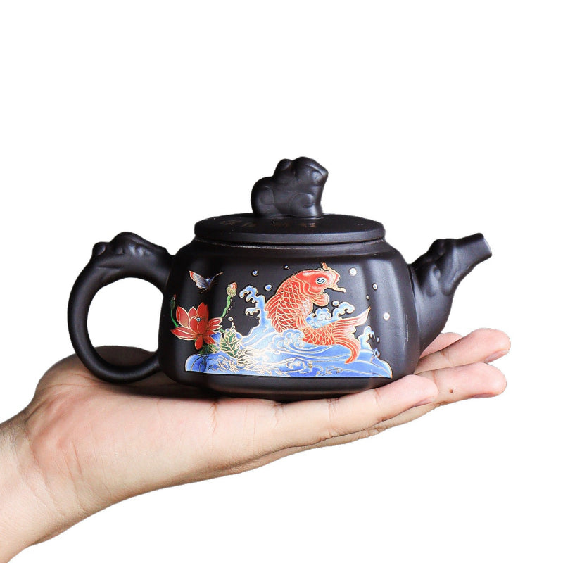 Raw ore purple clay pot color-changing square Pixiu teapot brocade future one pot two cups household kung fu tea set small set - AuraKin