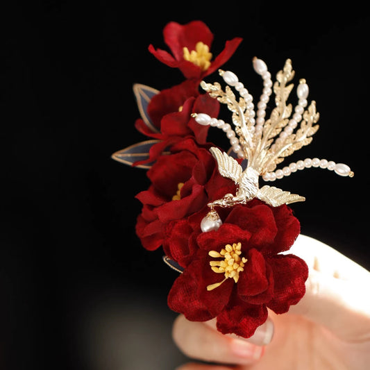 Phoenix wears peony, antique red cloth velvet hairpin flow bridal headgear Hanfu side clip atmospheric hairpin Chinese style - AuraKin
