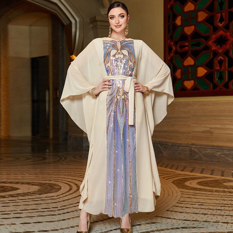Middle East Arabian Dress Beige Symphony Butterfly Sleeve Dress Summer Dress Dubai Women's Noble Chinese Style Robe - AuraKin