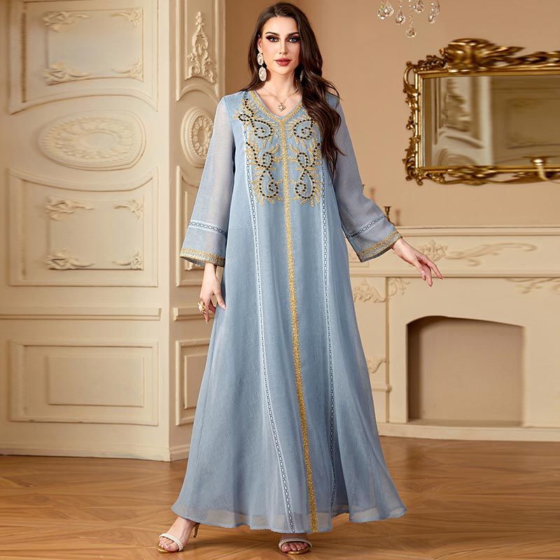 Saudi Arabia Grey Robe V-Neck Embroidered Temperament Dubai Women's Dress Beaded Long Sleeve Fashion Robe - AuraKin