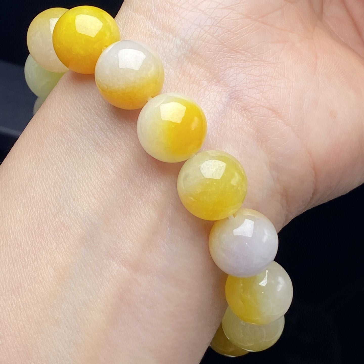 Myanmar Jadeite Bracelets - Natural Laokeng Ice Glutinous Full Color White Ice Yellow Jade 13mm Round Beads for Men and Women - AuraKin