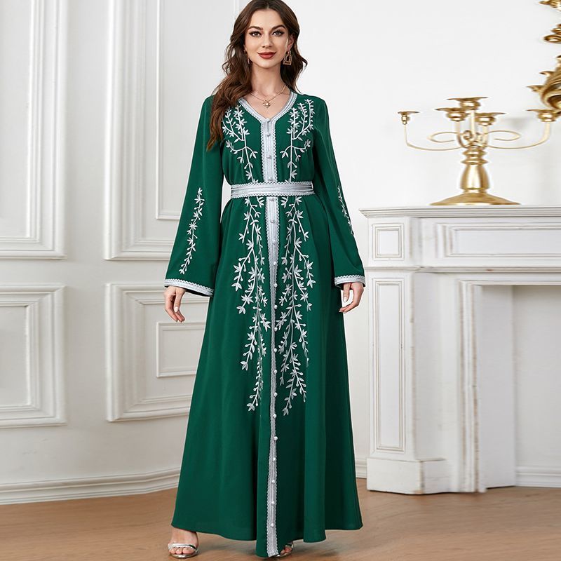 2024 New Summer Middle East Dubai Clothing V-Neck Embroidered Long Turkish Dress Waist Temperament Long Dress [Shipped within 15 days] - AuraKin