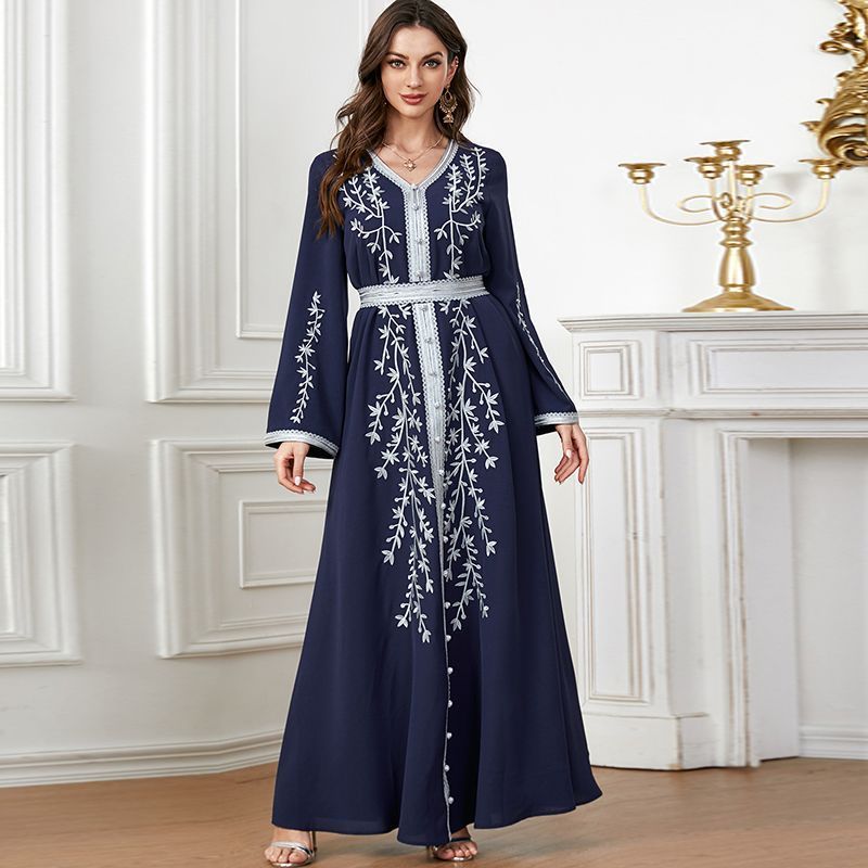 2024 New Summer Middle East Dubai Clothing V-Neck Embroidered Long Turkish Dress Waist Temperament Long Dress [Shipped within 15 days] - AuraKin