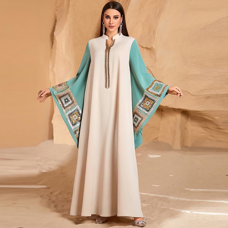 Saudi Arabia plus size robe V-neck apricot bat sleeve dress 100kg fat woman Dubai contrasting color dress middle - AuraKin