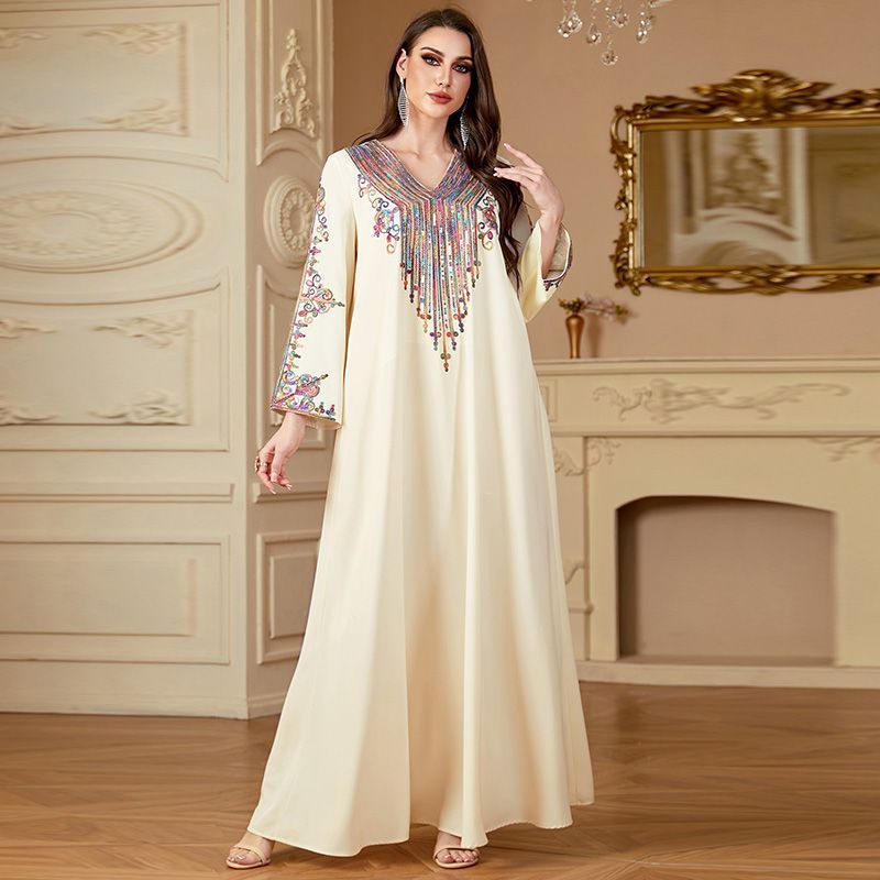 Malaysian women's rope embroidery loose fashion Dubai style long dress summer apricot V-neck long-sleeved robe middle - AuraKin